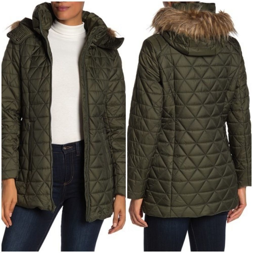 NEW Marc NY Faux Fur Trim Hood Quilted Jacket